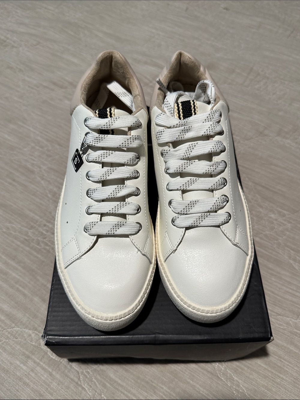 ShuShop White and Beige Low-Top Leather Sneakers